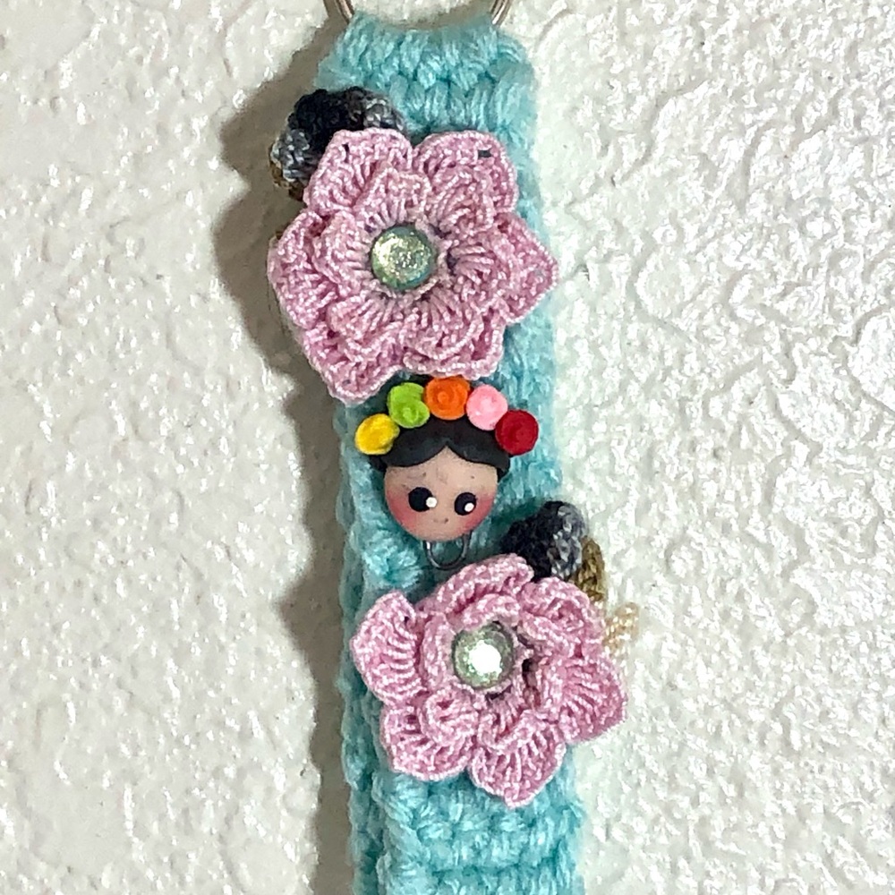 Handmade Crochet Keychain with Pink Flowers